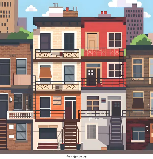Colorful Row of Townhouses in Cityscape Illustration