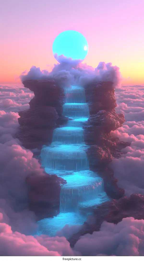 Fantasy Waterfall in the Clouds with a Glowing Orb