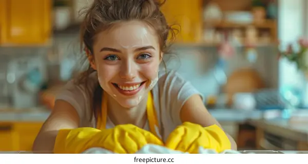 Young woman cleaning the kitchen counter