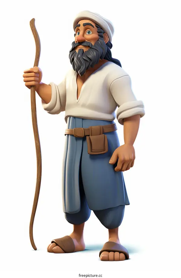 An illustration of a man standing holding a stick