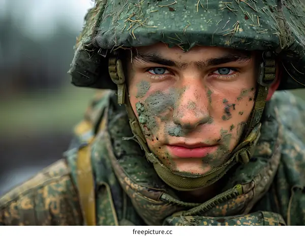 Close Up Portrait of a Young Soldier in Camouflage