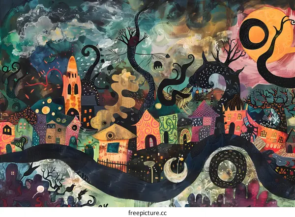 Abstract Colorful Painting Of Fantasy Village