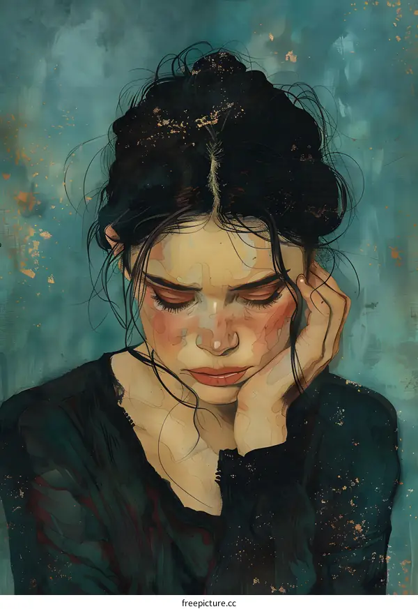 An illustration of a pensive woman with dark hair and blue eyes