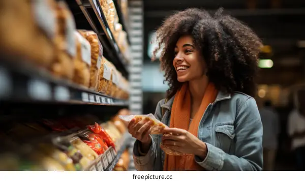 Happy African American woman shopping for groceries in supermarket