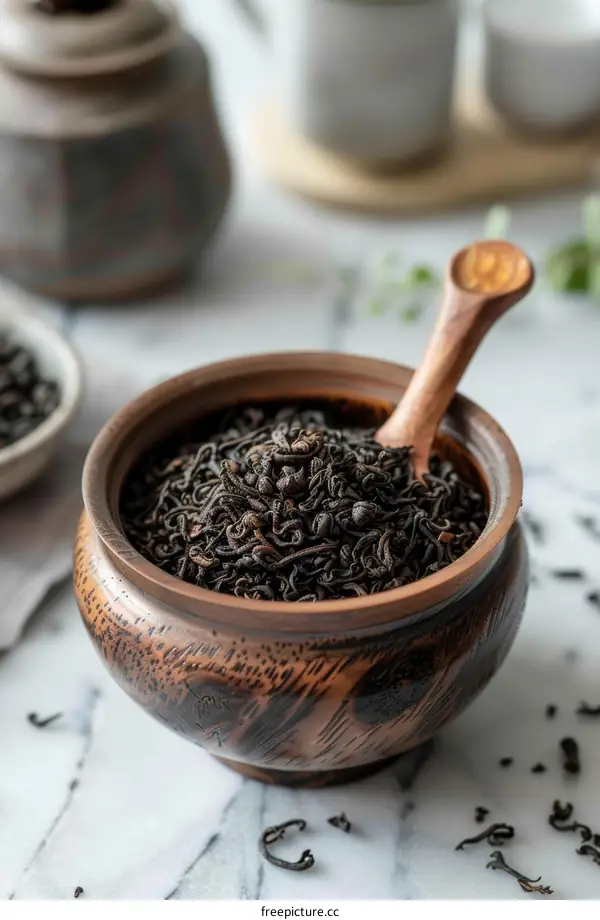 Black tea leaves in a wooden bowl with a wooden spoon