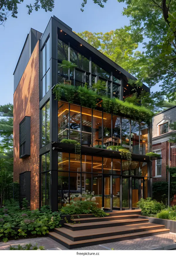Modern Glass and Brick House with Greenery