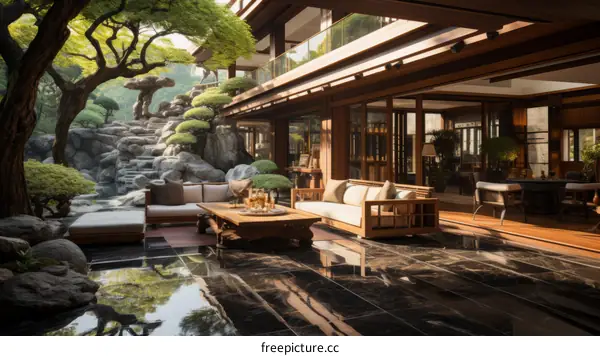 Courtyard with a rock garden and a modern house in the background