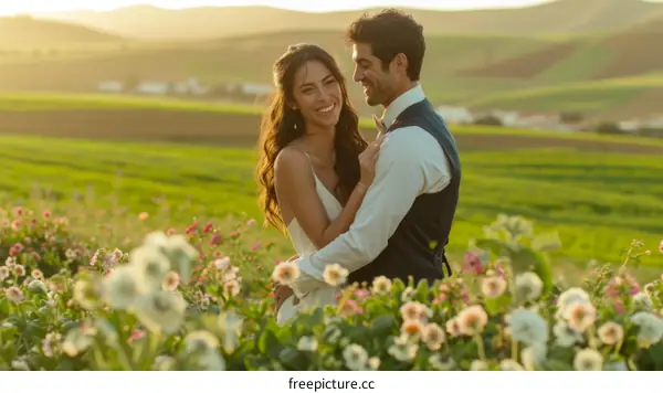 Happy Couple Embracing in a Field of Flowers
