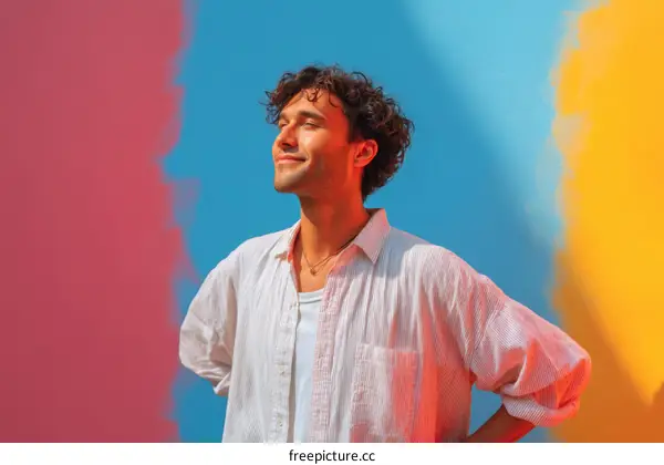 Stylish Caucasian Man Posing Against Vibrant Backdrop