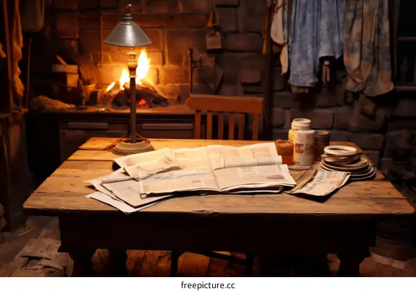 Old fashioned desk with lamp and newspapers