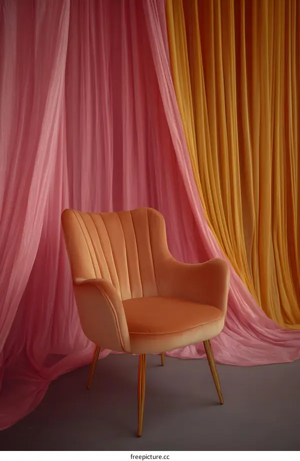 Pink and Yellow Curtains with Velvet Chair