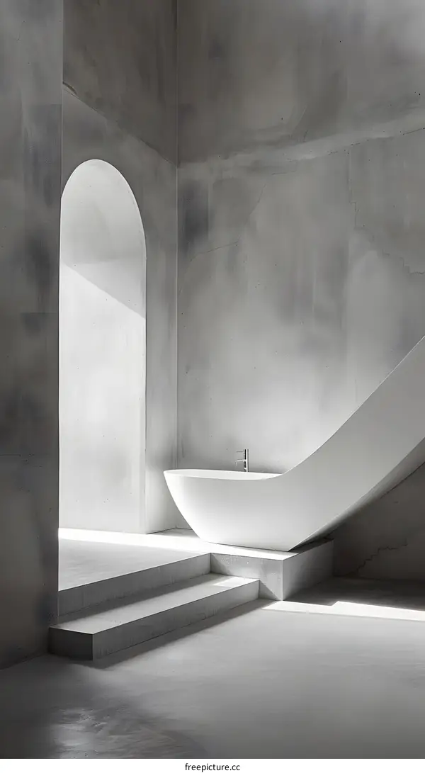 Modern Minimalist Bathroom Interior Design With White Bathtub And Concrete Walls
