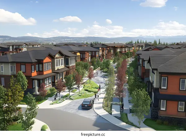 Modern Residential Development with Houses, Trees, and People