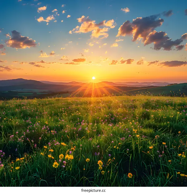 Sunset over a field of flowers