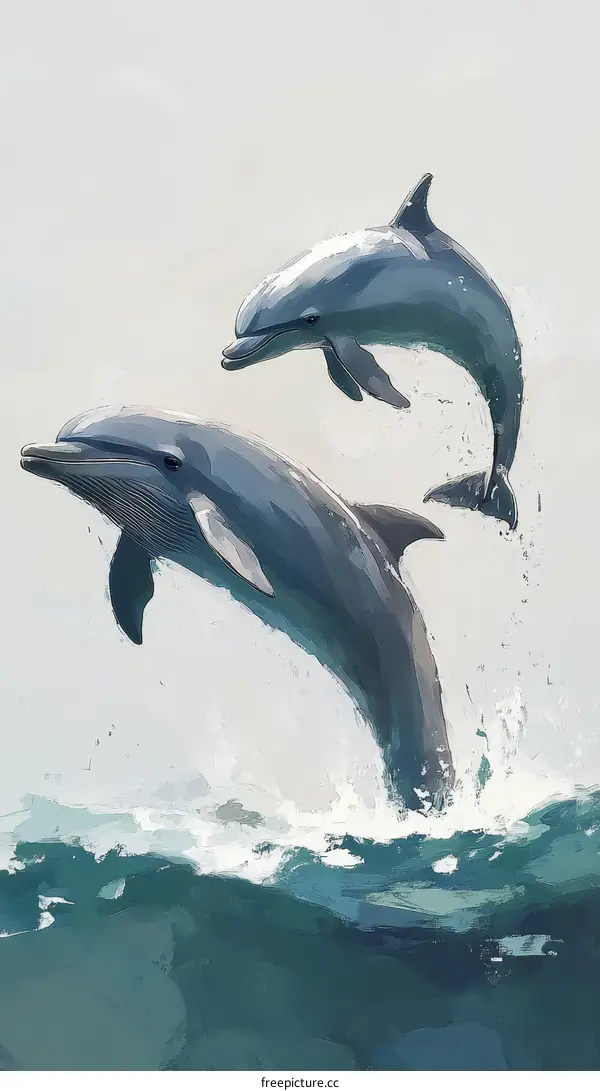 Two Dolphins Leaping in the Ocean Artwork