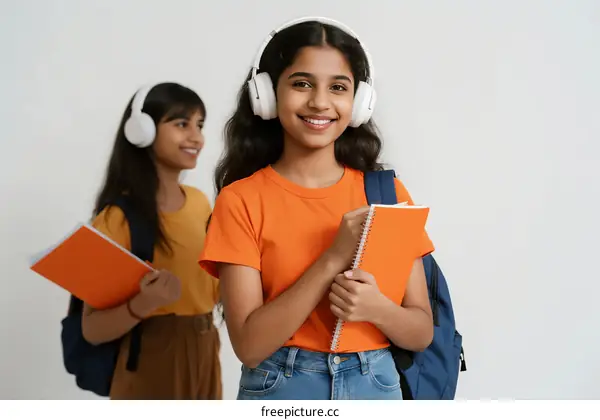 Young students wearing headphones and holding notebooks in a positive mood