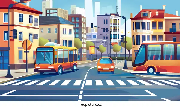 Cityscape with Bus and Car in Crosswalk