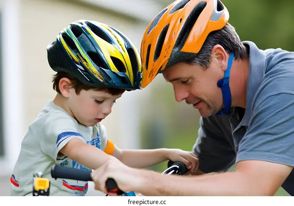 Father Teaching Son How To Ride A Bike