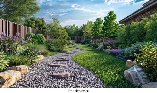 Beautiful Garden with Stone Path, Plants, and Flowers