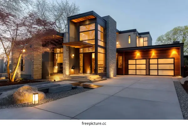 Modern Home Exterior with Stone and Wood Accents