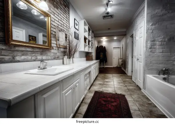 Elegant and Spacious White Bathroom with Brick Walls