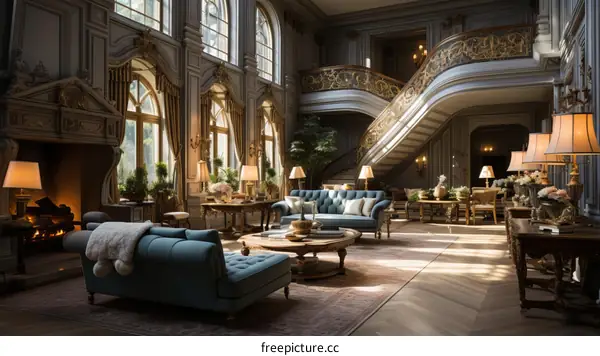 Lavish living room with fireplace, staircase, and balcony