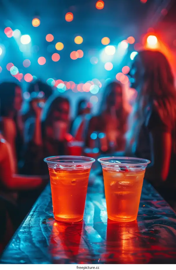 Two plastic cups with orange soda on a bar with blurred people in the background