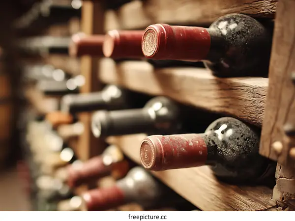 Wine Bottles in a Wooden Cellar