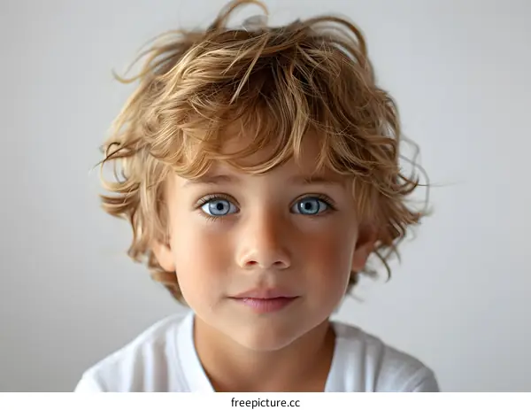 Portrait of a cute caucasian boy with blond hair and blue eyes