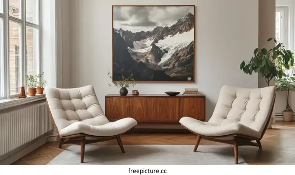 Modern Living Room with Mountain Landscape Artwork