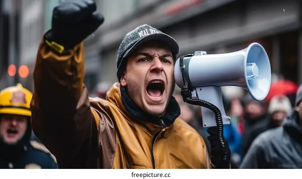 Man with megaphone at protest