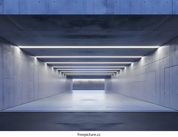 Empty Concrete Tunnel With Fluorescent Lights
