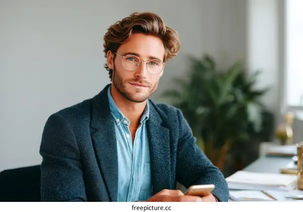 Business Man Holding Phone in Office Setting