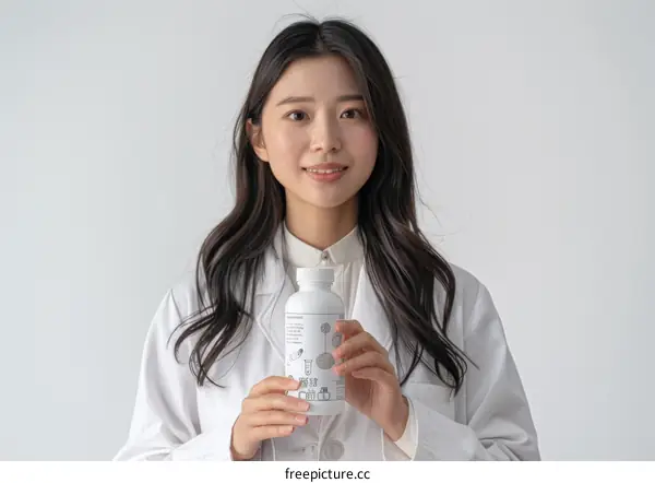 Asian female scientist holding a bottle of medicine