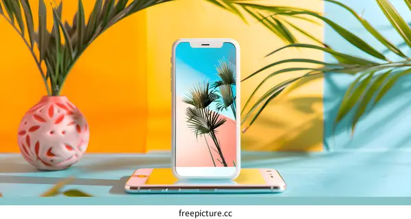 White Smartphone with Palm Tree on Screen and Yellow and Blue Background