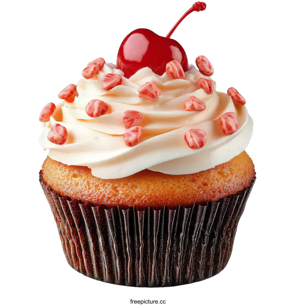 [Transparent Background PNG]Deliciously Decorated Vanilla Cupcake with Cherry