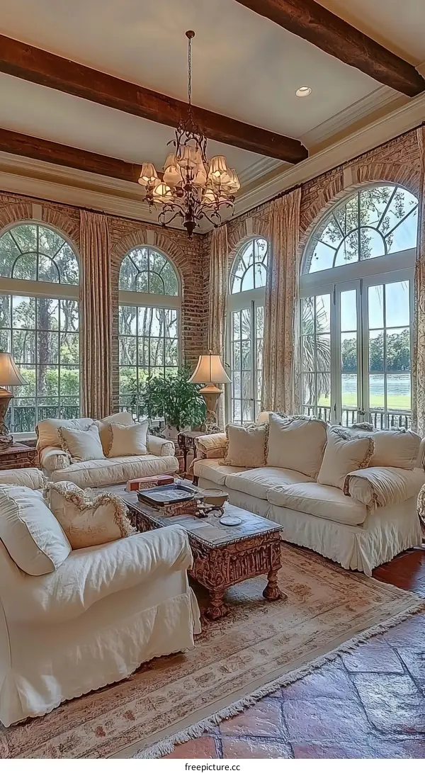 A Luxurious Cream-Colored Living Room with Large Windows