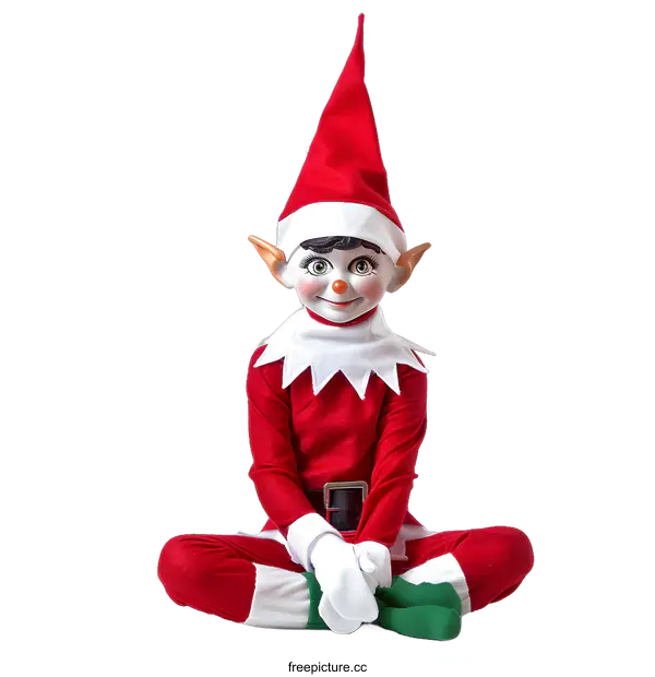 [Transparent Background PNG]Elf in Red Suit Sitting on White Background