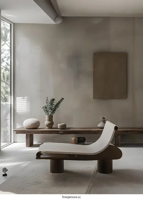 Minimalist Interior Design with Wooden Bench and Lounge Chair