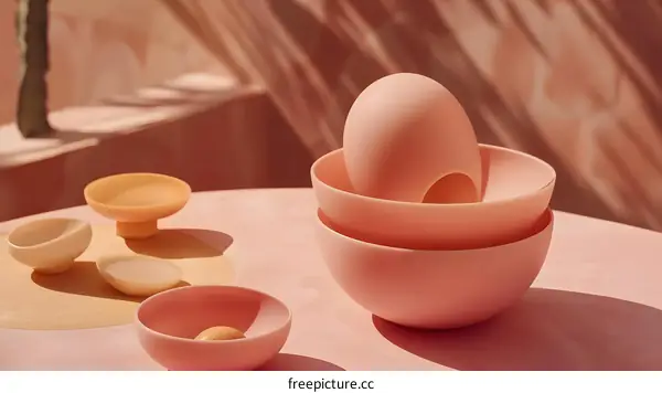 Pink and Yellow Ceramic Bowls on a Pink Table