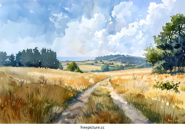 watercolor painting of a rural landscape with a dirt road and trees