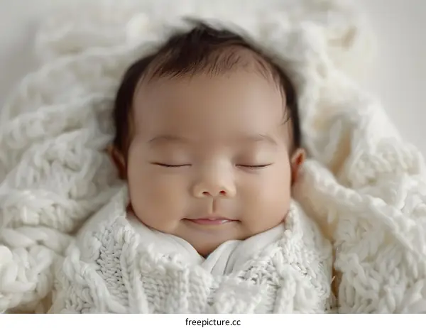 An adorable baby boy sleeping soundly wrapped in a white blanket