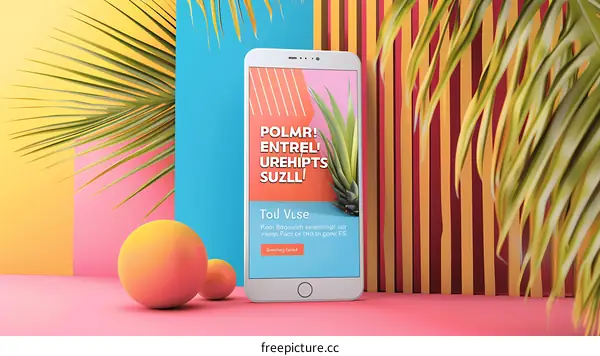 Summer Phone Mockup with Palm Leaves and Colorful Stripes