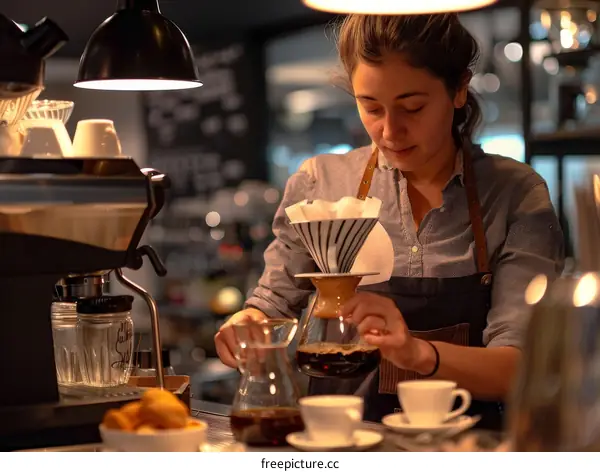 Focused young barista making pour-over coffee in a coffee shop