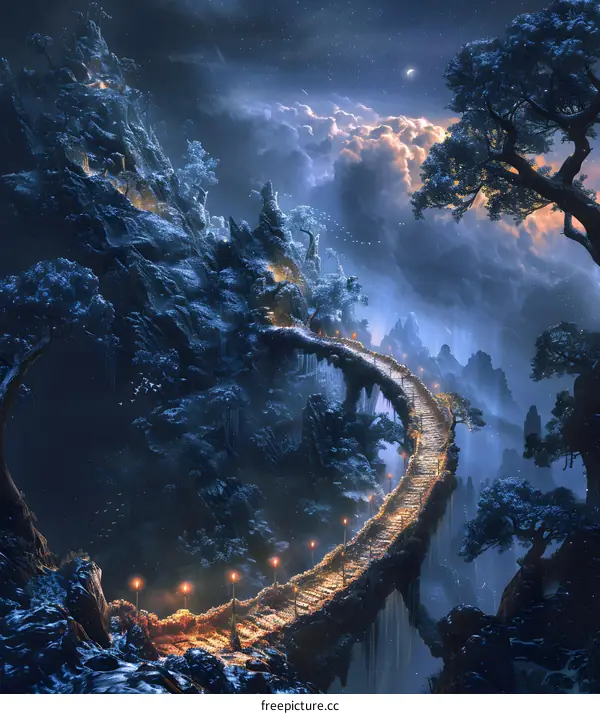 Fantasy Landscape with Winding Path in Mountains