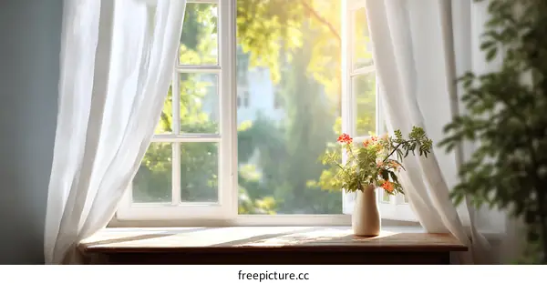 Sunlight Streaming Through a Window with Flowers