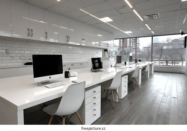 Modern Minimalist Open Office Space with City View