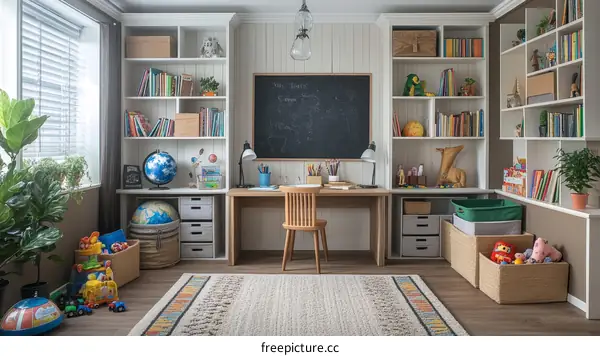 Cozy Study Room with Bookshelves and Toys