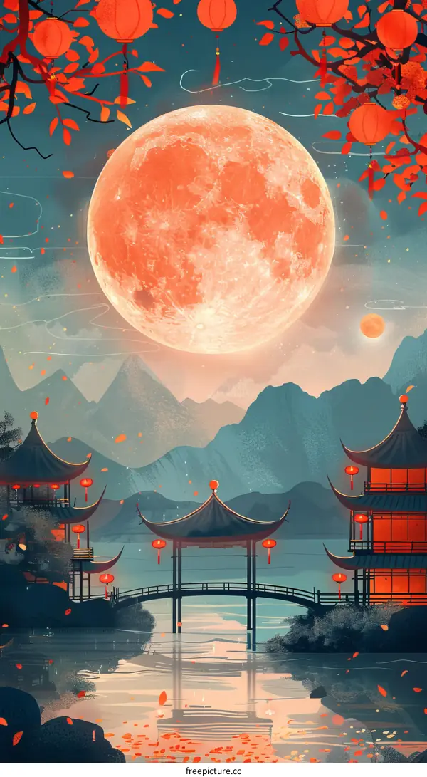 Serene Red Moon Over Traditional Chinese Courtyard