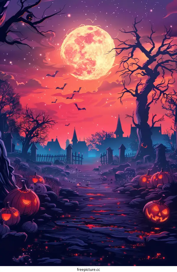 Eerie Graveyard with Haunted Church and Spooky Pumpkins on Halloween Night